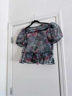 Forever 21 Floral Sheer Puff Sleeve Top - Pink & Blue